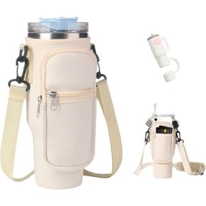 Cup Bag Water Bottle Carrier Bag Holder for Stanley 40oz Tumbler with Strap, Water Bottle Holder Pouch with Adjustable Strap Bollus with Straw Cover & Carabiner for Stanley Cup Accessories