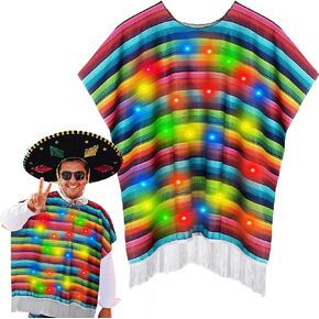 LED Light Mexican Serape Poncho Mexican Fiesta Ponchos Cinco De Mayo Outfit for Adults Cosplay Party Supplies