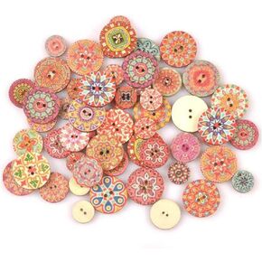 300 Pcs Mixed Random Painted Flower Painting Round 2 Holes Wood Wooden Buttons for Sewing Crafts DIY Projects 20mm,No.1