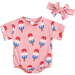 Baby Girl Boy Bubble Romper 4th of July Baby Girl Outfit Short Sleeve Crewneck Letter Infant Newborn Bodysuit