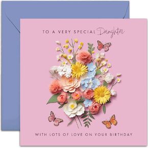 Old English Co. Special Daughter Birthday Card for Her - Pink Flower Butterfly Paper Cut Out Artwork Birthday Card for Daughter from Mum Dad - Cute Daughter Birthday Card | Blank Inside Envelope