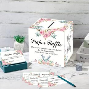 FCDECOR Diaper Raffle Box with 50pcs Diaper Raffle Tickets, Diaper Raffle Box for Baby Shower Game Winner Gifts, Sage Green Baby Shower Decorations, Advice Cards Supplies Game Cards