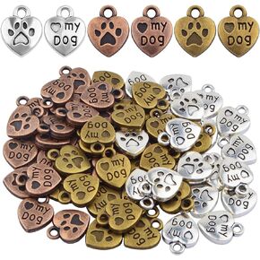 60pcs Love My Dog Lettering Word Charms Tibetan Alloy Heart Dog Paw Print Pendants Double-Sided Animal Pet Puppy Footprint Charms for DIY Necklace Bracelet Jewelry Making, 3 Colors