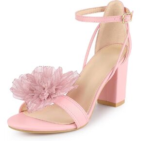 Perphy Flower Open Toe Ankle Strap Block High Heel Sandals for Women