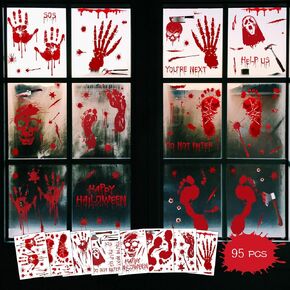 Halloween Window Decals 95Pcs, 8 Sheets Bloody Handprint Footprint Stickers for Window Wall Floor Mirror Door Car Decorations,Scary Halloween Party Decorations