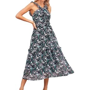 GRACE KARIN Women’s Summer Boho Floral Tiered Dress Strap A Line Swing Flowy Midi Dress Ruffle Beach Wedding Guest Dress