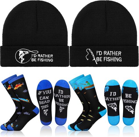 4 Pcs Fishing Gifts for Men Fisherman Gifts Funny Beanie Hat and Socks Set Gifts for Fisherman Him Father Dad Grandpa Unique Gifts Stocking Stuffers in Saudi Arabia