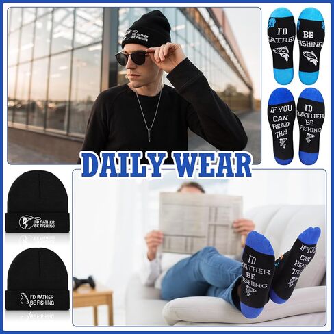 4 Pcs Fishing Gifts for Men Fisherman Gifts Funny Beanie Hat and Socks Set Gifts for Fisherman Him Father Dad Grandpa Unique Gifts Stocking Stuffers in Saudi Arabia