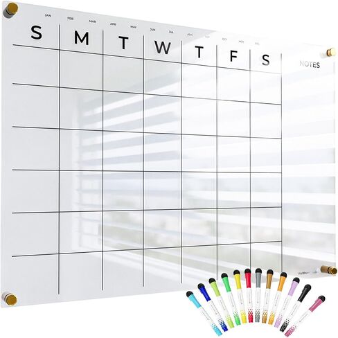 Acrylic Calendar For Wall - Large 23 x 16" Transparent Monthly White Board Calendar Dry Erase For Wall - White Board Calendar Acrylic Board - Giant Hanging Clear Calendar Whiteboard For Wall + Markers in Saudi Arabia