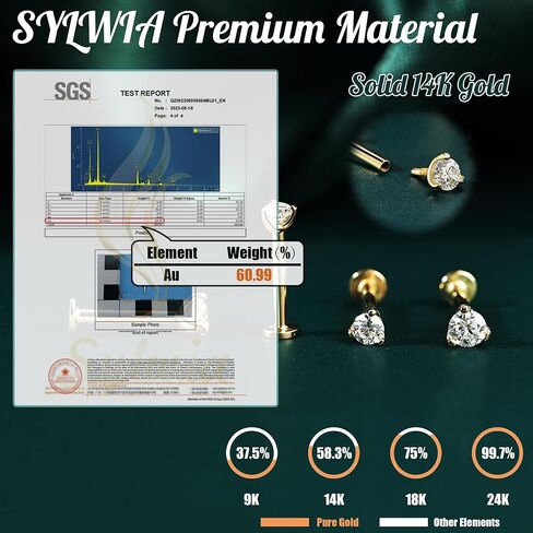 14K Real Gold Lip Rings Stud, 16g Internally Thread Ashley Piercing Lip Jewelry, Moissanite - 2.5mm 3mm, 18g Nose Conch Helix Tragus Labret Stud for Women Men in Saudi Arabia