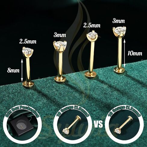 14K Real Gold Lip Rings Stud, 16g Internally Thread Ashley Piercing Lip Jewelry, Moissanite - 2.5mm 3mm, 18g Nose Conch Helix Tragus Labret Stud for Women Men in Saudi Arabia