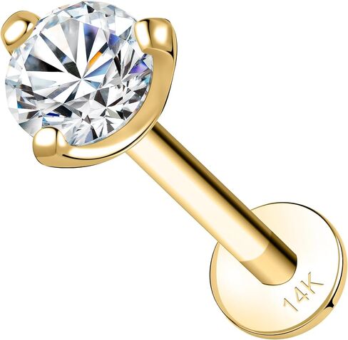 14K Real Gold Lip Rings Stud, 16g Internally Thread Ashley Piercing Lip Jewelry, Moissanite - 2.5mm 3mm, 18g Nose Conch Helix Tragus Labret Stud for Women Men in Saudi Arabia