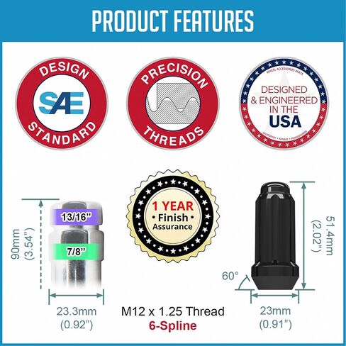 Wheel Accessories Parts 24 Pcs M12 x 1.25 12 x 1.25 Thread Truck 2.00" Long Spline Lug Nuts Black Chrome 6 Spline Hex Fits Nissan Titan (Non XD) in Saudi Arabia
