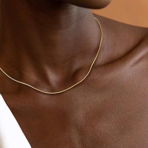 18k Gold Plated Box Chain: Stainless Steel Dainty Link Thin Trendy Light Hypoallergenic Delicate 1mm Golden Minimalist Necklace Fashion Jewelry for Girlfriend Mother Daughter Teen Girl Women in Saudi Arabia
