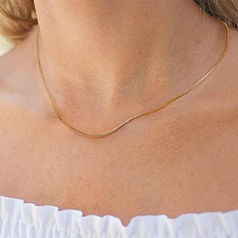 18k Gold Plated Box Chain: Stainless Steel Dainty Link Thin Trendy Light Hypoallergenic Delicate 1mm Golden Minimalist Necklace Fashion Jewelry for Girlfriend Mother Daughter Teen Girl Women in Saudi Arabia
