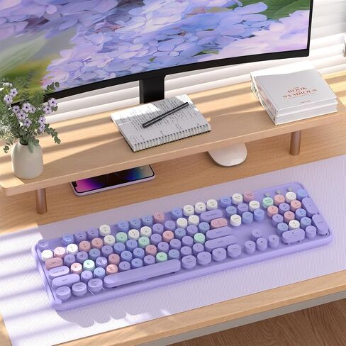 Colorful Wireless Bluetooth Keyboard, 2.4G & Dual Bluetooth Multi-Device Keyboard, Typewriter Retro Round Keycaps 104 keys Full-Size Keyboard for PC Laptop Tablet Phone (Purple-Colorful) in Saudi Arabia
