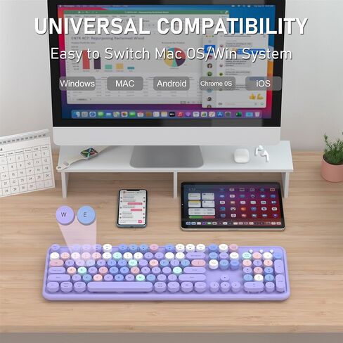 Colorful Wireless Bluetooth Keyboard, 2.4G & Dual Bluetooth Multi-Device Keyboard, Typewriter Retro Round Keycaps 104 keys Full-Size Keyboard for PC Laptop Tablet Phone (Purple-Colorful) in Saudi Arabia