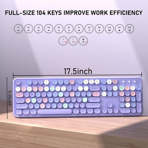 Colorful Wireless Bluetooth Keyboard, 2.4G & Dual Bluetooth Multi-Device Keyboard, Typewriter Retro Round Keycaps 104 keys Full-Size Keyboard for PC Laptop Tablet Phone (Purple-Colorful) in Saudi Arabia