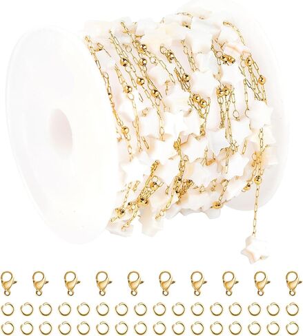UMAOKANG 3 Yard White Shell Star Chain for Jewelry Making, Gold Plated Stainless Steel Jewelry Making Chain Roll with Jewelry Findings in Saudi Arabia