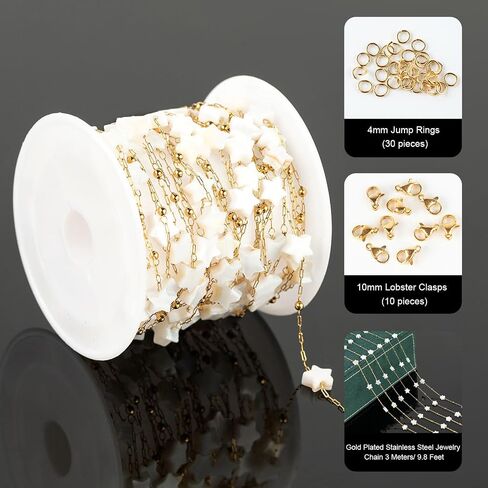 UMAOKANG 3 Yard White Shell Star Chain for Jewelry Making, Gold Plated Stainless Steel Jewelry Making Chain Roll with Jewelry Findings in Saudi Arabia