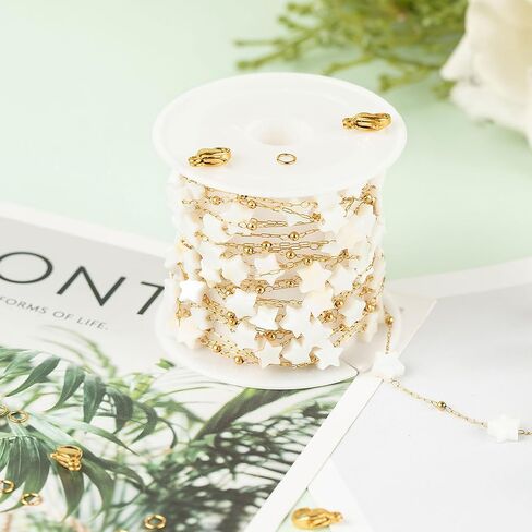 UMAOKANG 3 Yard White Shell Star Chain for Jewelry Making, Gold Plated Stainless Steel Jewelry Making Chain Roll with Jewelry Findings in Saudi Arabia