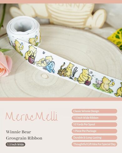 Winnie Ribbons 10 Yards Bear Ribbon for Decorations Baby Shower Party Birthday Decor Bear Ribbon Classic Grosgrain Ribbon (1 Roll - 0.86inch Wide, Winnie and Friends) in Saudi Arabia