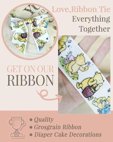 Winnie Ribbons 10 Yards Bear Ribbon for Decorations Baby Shower Party Birthday Decor Bear Ribbon Classic Grosgrain Ribbon (1 Roll - 0.86inch Wide, Winnie and Friends) in Saudi Arabia