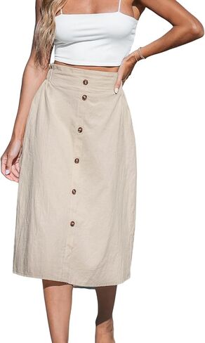 CUPSHE Women's High Waist Cotton Front Button Elastic Waist Midi Skirt Summer in Saudi Arabia