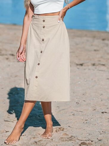 CUPSHE Women's High Waist Cotton Front Button Elastic Waist Midi Skirt Summer in Saudi Arabia