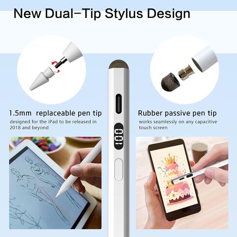 Stylus Pen for iPad Pro 12.9"/11", iPad 6/7/8/9/10, iPad Air 3/4/5, iPad Mini 5/6, Fast Charge Apple iPad Pencil with Magnetic Tilt Sensitive Palm Rejection, Newly Dual-Tip for Touch Screens in Saudi Arabia