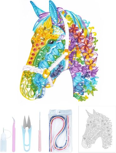مجموعات لف الطلاء المخرمة الورقية من Uniquilling، لوحة بالأرقام للبالغين - الحصان، أفضل الهدايا لتزيين الحائط يدويًا (مجموعة الرسم + مجموعة الأدوات) (أساسي) in Kuwait