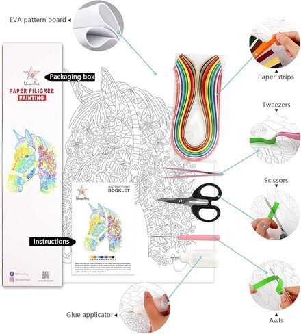 مجموعات لف الطلاء المخرمة الورقية من Uniquilling، لوحة بالأرقام للبالغين - الحصان، أفضل الهدايا لتزيين الحائط يدويًا (مجموعة الرسم + مجموعة الأدوات) (أساسي) in Kuwait