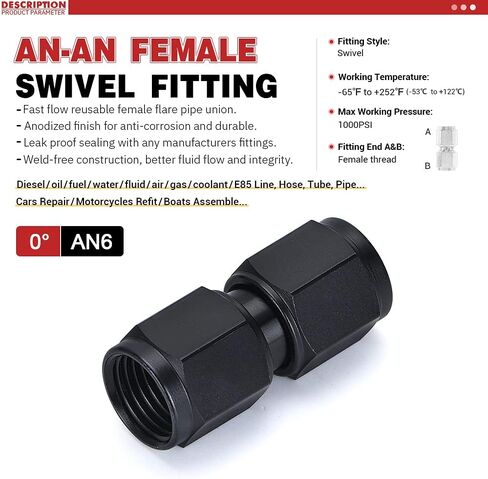 PTNHZ 2PCS 6AN Female to 6AN Female 45 Degree Swivel Coupler Fitting Adapter Union Hose End Aluminum Anodized Black in Saudi Arabia