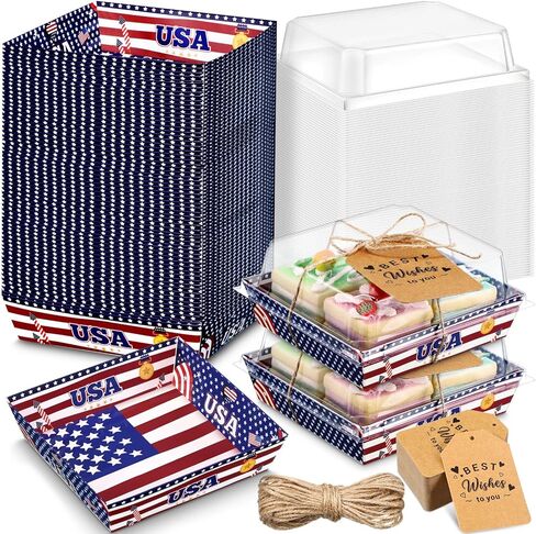 50 Pcs 4th of July Patriotic Charcuterie Boxes with Clear Lids American Flag Small Paper Charcuterie Boxes with Ropes and Cards USA Disposable Food Containers Dessert Cake Treat Goodie Boxes in Saudi Arabia