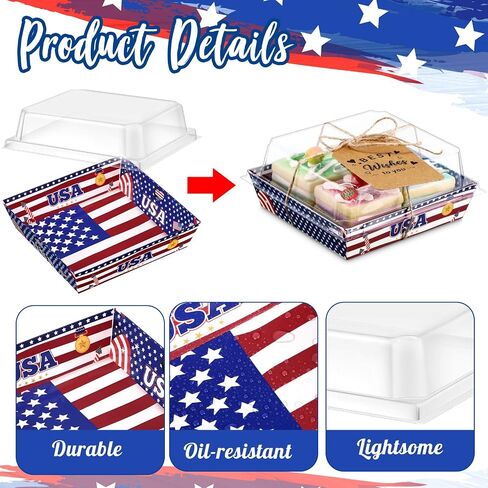 50 Pcs 4th of July Patriotic Charcuterie Boxes with Clear Lids American Flag Small Paper Charcuterie Boxes with Ropes and Cards USA Disposable Food Containers Dessert Cake Treat Goodie Boxes in Saudi Arabia