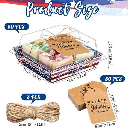 50 Pcs 4th of July Patriotic Charcuterie Boxes with Clear Lids American Flag Small Paper Charcuterie Boxes with Ropes and Cards USA Disposable Food Containers Dessert Cake Treat Goodie Boxes in Saudi Arabia