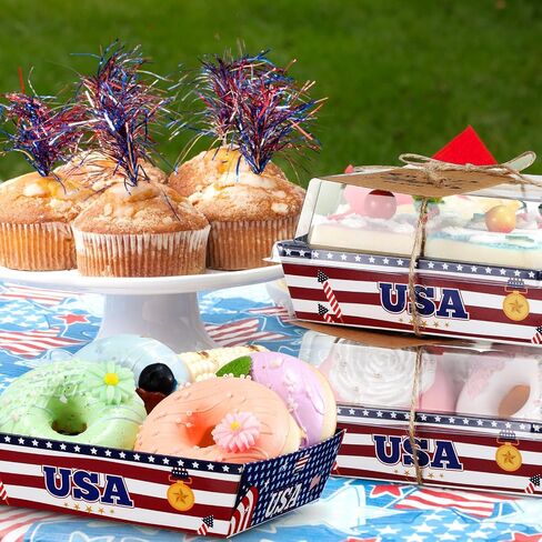 50 Pcs 4th of July Patriotic Charcuterie Boxes with Clear Lids American Flag Small Paper Charcuterie Boxes with Ropes and Cards USA Disposable Food Containers Dessert Cake Treat Goodie Boxes in Saudi Arabia