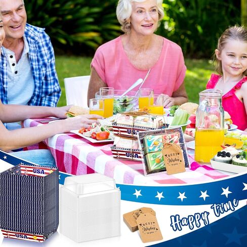 50 Pcs 4th of July Patriotic Charcuterie Boxes with Clear Lids American Flag Small Paper Charcuterie Boxes with Ropes and Cards USA Disposable Food Containers Dessert Cake Treat Goodie Boxes in Saudi Arabia