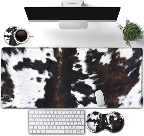 Large Gaming Mouse Pad, Extended Waterproof Desk Pad Protector (31.5" x 11.8") Ergonomics Memory Foam Mouse Wrist Rest Support, for Home Office Laptop Easy Typing, Black & White Cowhide Fur Mouse Mat in Saudi Arabia