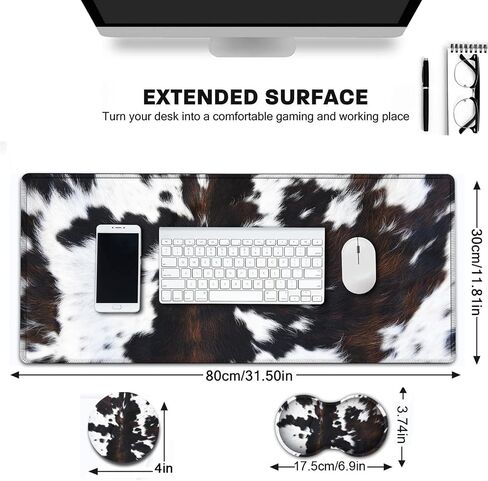 Large Gaming Mouse Pad, Extended Waterproof Desk Pad Protector (31.5" x 11.8") Ergonomics Memory Foam Mouse Wrist Rest Support, for Home Office Laptop Easy Typing, Black & White Cowhide Fur Mouse Mat in Saudi Arabia