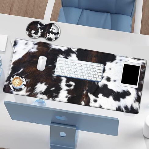 Large Gaming Mouse Pad, Extended Waterproof Desk Pad Protector (31.5" x 11.8") Ergonomics Memory Foam Mouse Wrist Rest Support, for Home Office Laptop Easy Typing, Black & White Cowhide Fur Mouse Mat in Saudi Arabia