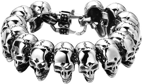 Large Skull Head Beads Stainless Steel Bracelet, Skull Beads Punk Gothic Link Cuff for Men and Women - Gold Silver Black in Saudi Arabia