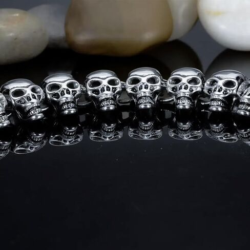 Large Skull Head Beads Stainless Steel Bracelet, Skull Beads Punk Gothic Link Cuff for Men and Women - Gold Silver Black in Saudi Arabia