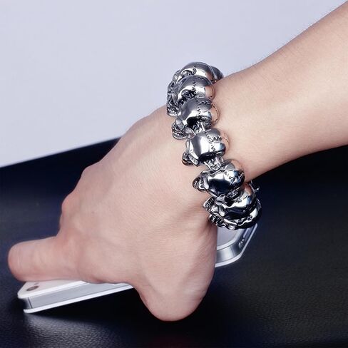 Large Skull Head Beads Stainless Steel Bracelet, Skull Beads Punk Gothic Link Cuff for Men and Women - Gold Silver Black in Saudi Arabia