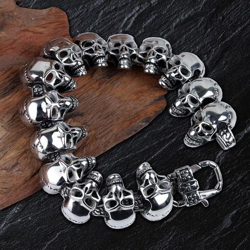 Large Skull Head Beads Stainless Steel Bracelet, Skull Beads Punk Gothic Link Cuff for Men and Women - Gold Silver Black in Saudi Arabia