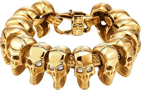 Large Skull Head Beads Stainless Steel Bracelet, Skull Beads Punk Gothic Link Cuff for Men and Women - Gold Silver Black in Saudi Arabia
