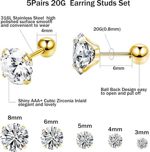 Sanfenly تشيكوسلوفاكيا أقراط للنساء الرجال 3-8mm جولة مكعب زركونيا القرط ترصيع الجراحية الصلب الغضروف الحلزون الزنمة مسمار القرط مجموعة 5 أزواج in Kuwait