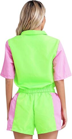 Alaiyaky 80s Tracksuit Costumes for Women Color Block Windbreaker Outfits Short Sleeve Zip Front Elastic Waist Tracksuit Set in Saudi Arabia