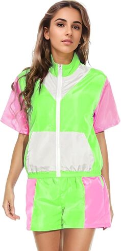 Alaiyaky 80s Tracksuit Costumes for Women Color Block Windbreaker Outfits Short Sleeve Zip Front Elastic Waist Tracksuit Set in Saudi Arabia