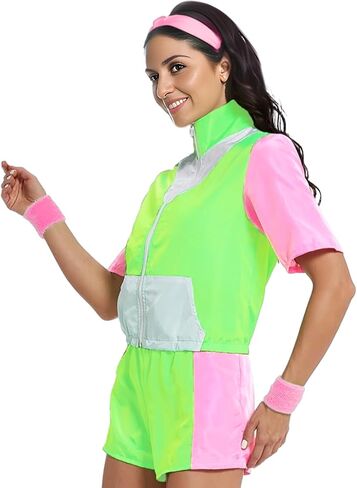 Alaiyaky 80s Tracksuit Costumes for Women Color Block Windbreaker Outfits Short Sleeve Zip Front Elastic Waist Tracksuit Set in Saudi Arabia
